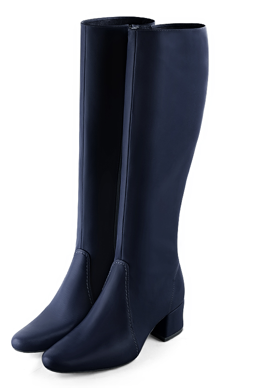 Navy blue women's feminine knee-high boots. Round toe. Low flare heels. Made to measure. Front view - Florence KOOIJMAN